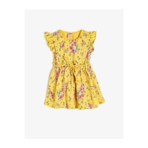 Koton Baby Girl Yellow Floral Patterned Crew Neck Short Sleeve Tie Waist Dress