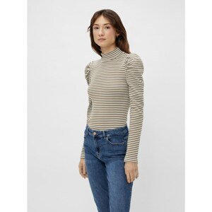 Khaki Striped T-Shirt with Stand-Up Collar Pieces - Women