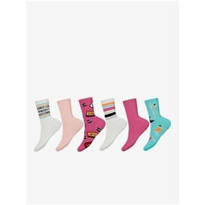 name it Set of six pairs of girls' patterned socks in blue, white and pink b - unisex