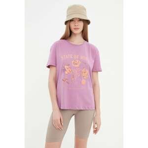 Trendyol Lilac Printed Semi-Fitted Knitted T-Shirt