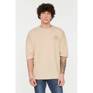 Trendyol Beige Men's Oversized/Wide Cut 100% Cotton Mystic Printed T-Shirt