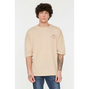 Trendyol Beige Men's Oversize Fit Crew Neck Short Sleeve Printed T-Shirt