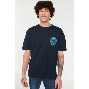 Trendyol Navy Blue Men's Relaxed/Comfortable cut, Short Sleeved Text Printed 100% Cotton T-Shirt