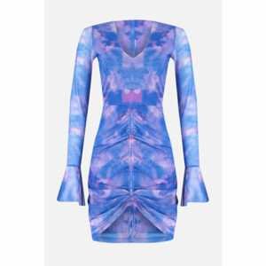 Trendyol Lilac Printed Ruffle Detailed Tulle Knitted Dress