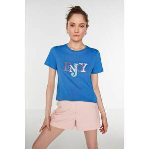 Trendyol Blue Printed Basic Knitted T-Shirt