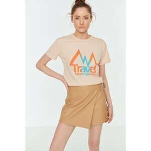 Trendyol Beige Printed Semi Fit Knitted T-Shirt
