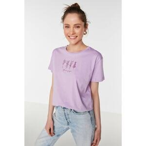 Trendyol Lilac Embroidered Semi Fitted Knitted T-Shirt