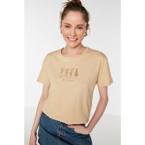 Trendyol Beige Embroidered Semi Fitted Knitted T-Shirt