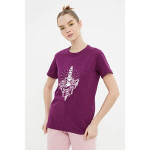 Trendyol Purple Printed Basic Knitted T-Shirt