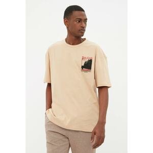 Trendyol Beige Relaxed/Comfortable Cut Text Printed 100% Cotton Short Sleeve T-Shirt