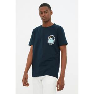 Trendyol Navy Blue Men's Regular/Regular Cut Crew Neck City Printed 100% Cotton T-Shirt