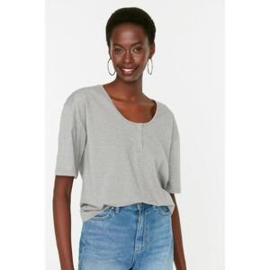 Trendyol Gray Loose Pattern Button Knitted T-Shirt