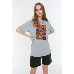 Trendyol Gray Boyfriend Printed Knitted T-Shirt