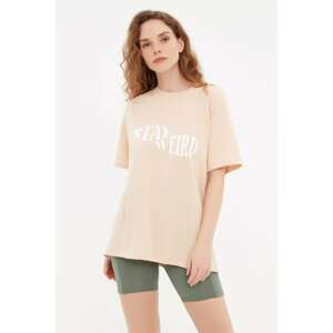 Trendyol Beige Printed Boyfriend Knitted T-Shirt