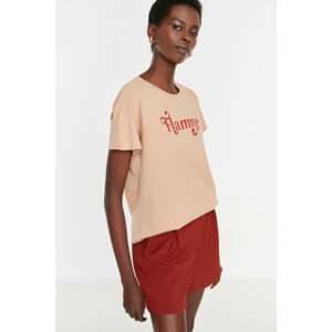 Trendyol Beige Printed Basic Knitted T-Shirt