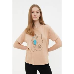Trendyol Beige Printed Semi-Fit Knitted T-Shirt