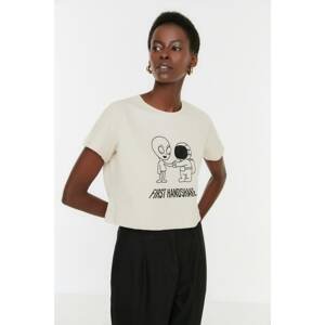 Trendyol Beige Printed Crop Knitted T-Shirt