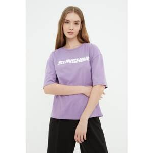 Trendyol Lilac Embossed Printed Loose Knitted T-Shirt