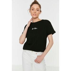 Trendyol Black Front and Back Printed Boyfriend Knitted T-Shirt