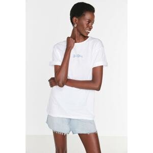 Trendyol White Front and Back Printed Boyfriend Knitted T-Shirt