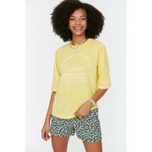 Trendyol Yellow Raglan Sleeve Loose Printed Knitted T-Shirt