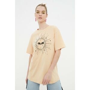 Trendyol Beige Printed Boyfriend Knitted T-Shirt
