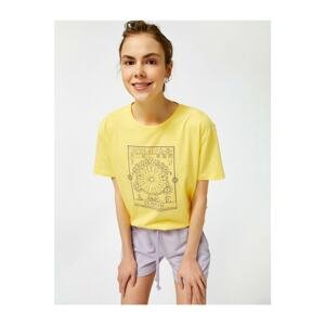 Koton Women's Yellow Printed Crew Neck Cotton T-Shirt
