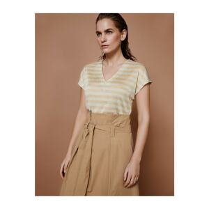 Koton Women's Short Sleeve V-Neck Striped Glittery T-Shirt