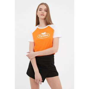 Trendyol Orange Color Block Printed Crop Knitted T-Shirt