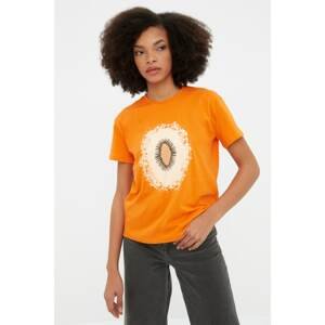 Trendyol Orange Printed Semi-Fitted Knitted T-Shirt