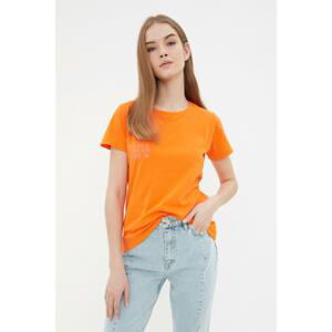 Trendyol Orange Printed Basic Knitted T-Shirt