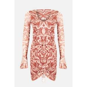Trendyol Brown Printed Ruffle Detailed Tulle Knitted Dress