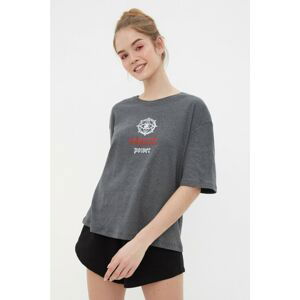 Trendyol Anthracite Printed Loose Knitted T-Shirt