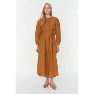 Trendyol Camel Belted Crew Neck Woven Dress