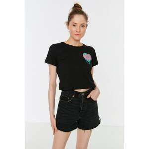 Trendyol Black Front and Back Printed Crop Knitted T-Shirt