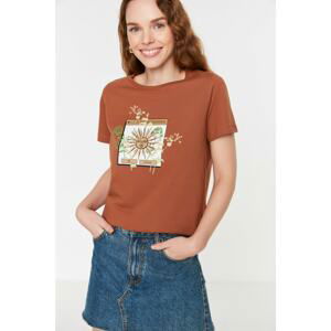 Trendyol Brown Printed Basic Knitted T-Shirt