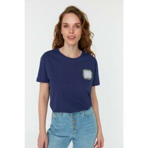 Trendyol Navy Blue Printed Semi-fitted Knitted T-Shirt