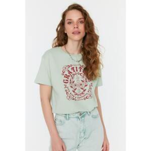 Trendyol Mint Printed Semi-fitted Knitted T-Shirt