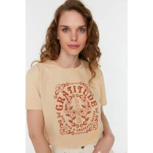 Trendyol Beige Printed Semi-fitted Knitted T-Shirt