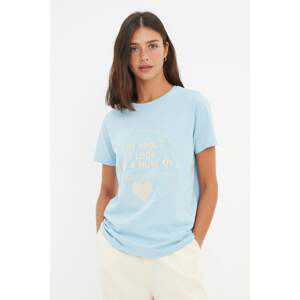 Trendyol Light Blue Printed Basic Knitted T-Shirt