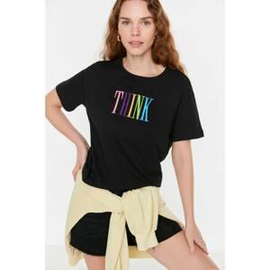 Trendyol Black Embroidered Semifitted Knitted T-Shirt