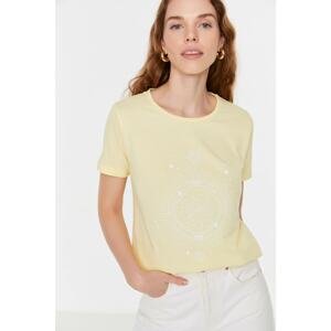 Trendyol Yellow Printed Basic Knitted T-Shirt