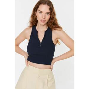 Trendyol Navy Blue Zipper Corduroy Crop Knitted Blouse