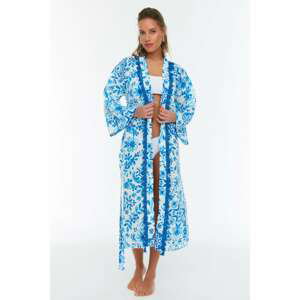 Trendyol Blue Floral Patterned Tassel Detailed Kimono&Caftan