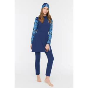 Trendyol Navy Blue Sleeve Patterned Long Sleeve Knitted 4-Piece Hijab Swimsuit Set
