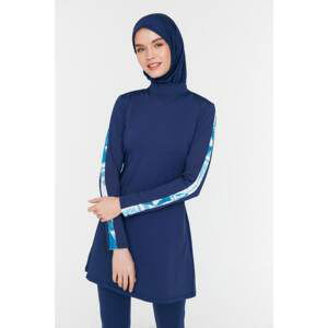 Trendyol Navy Blue Sleeve Printed Long Sleeve Knitted 4-Piece Hijab Swimsuit Set