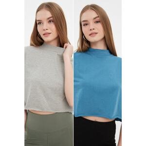 Trendyol Indigo-Grey Melange 2-Pack Stand Up Collar Crop Knitted T-Shirt