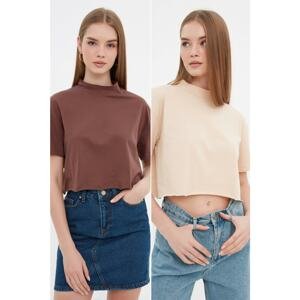 Trendyol Brown-Beige 2-Pack Stand Up Collar Crop Knitted T-Shirt