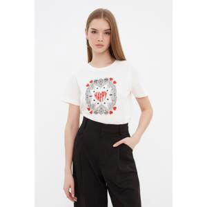 Trendyol Ecru Printed Basic Knitted T-Shirt