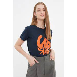 Trendyol Navy Blue Printed Basic Knitted T-Shirt